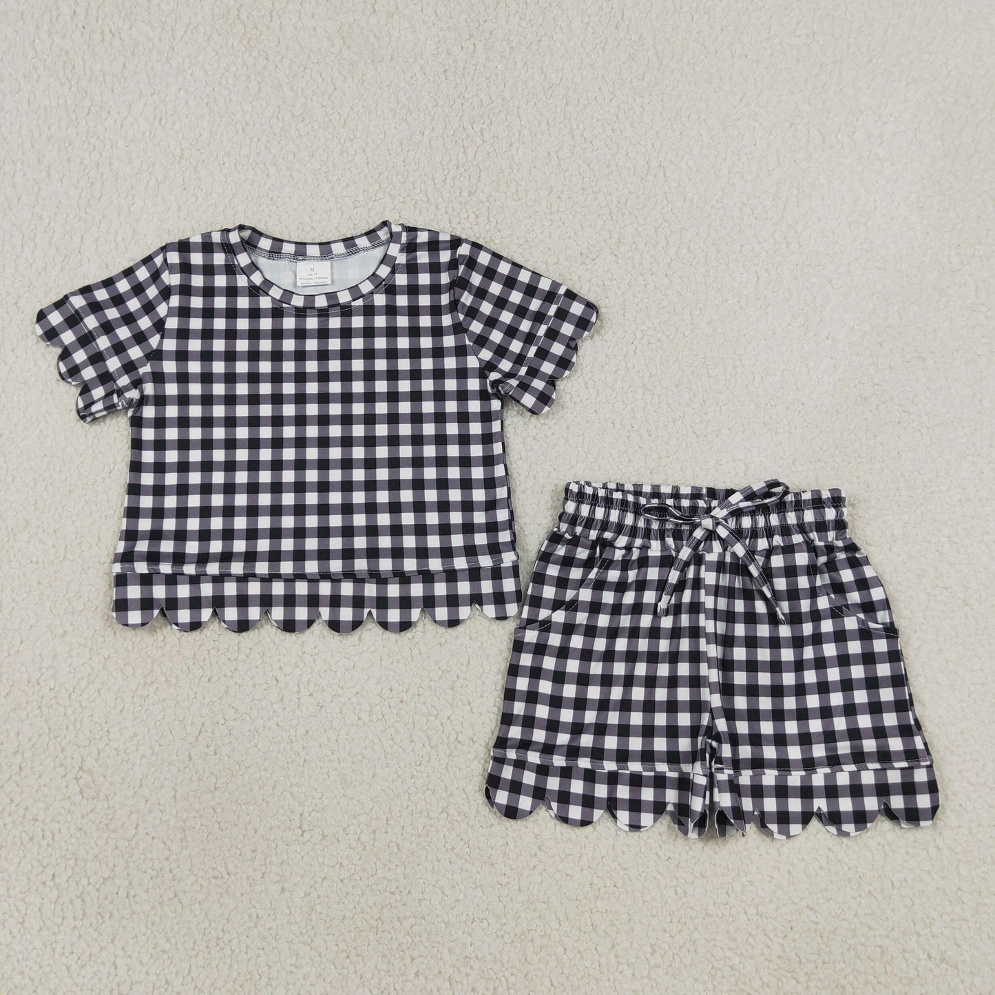 Baby Girls Black Checked Shirt Top Pockets Short Scallop Clothes Set