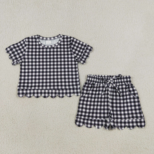Baby Girls Black Checked Shirt Top Pockets Short Scallop Clothes Set