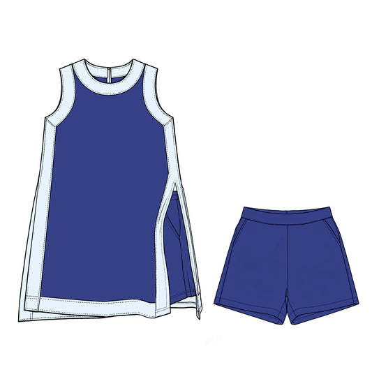 Preorder moq 5 Baby Girls Sleeveless Blue Navy Yoga Active Split Skirt Short Clothes Set