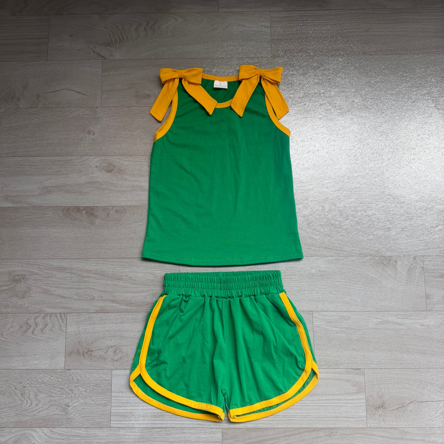 Baby Girls Green Gold Bows Sleeveless Vest Short Clothes Set Preorder