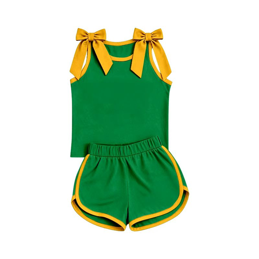 Preorder moq 5 Baby Girls Green Yellow Bows Sleeveless Vest Top Short Clothes Sets