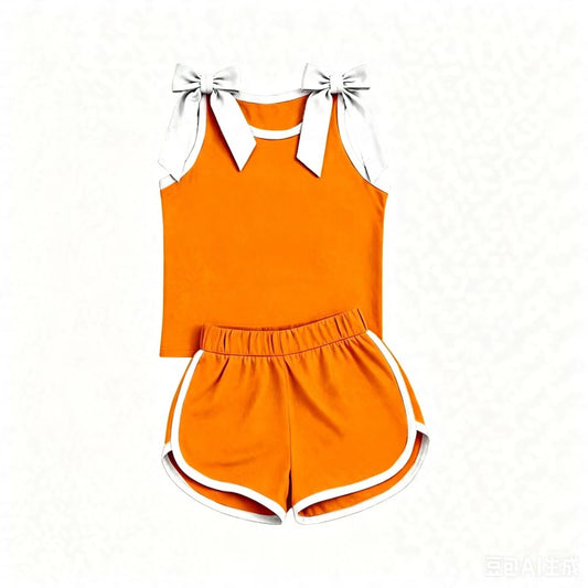 Preorder moq 5 Baby Girls Orange White Bows Sleeveless Vest Top Short Clothes Sets