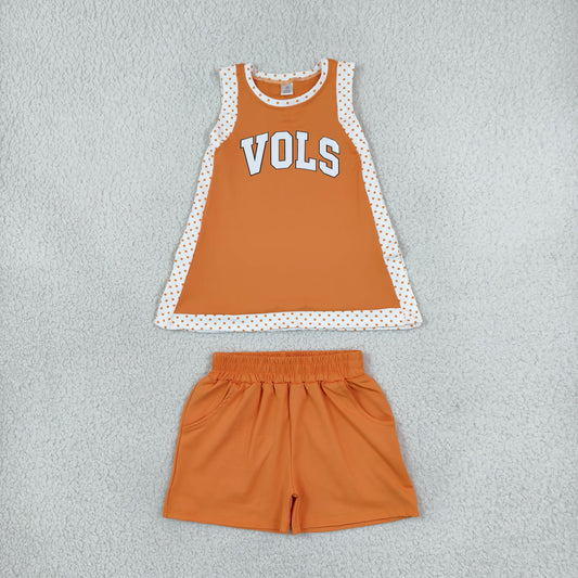 Baby Girls Orange Polka Dots Vinyl Vols Split Tunic Pockets Short Yoga Active Team Clothes Sets