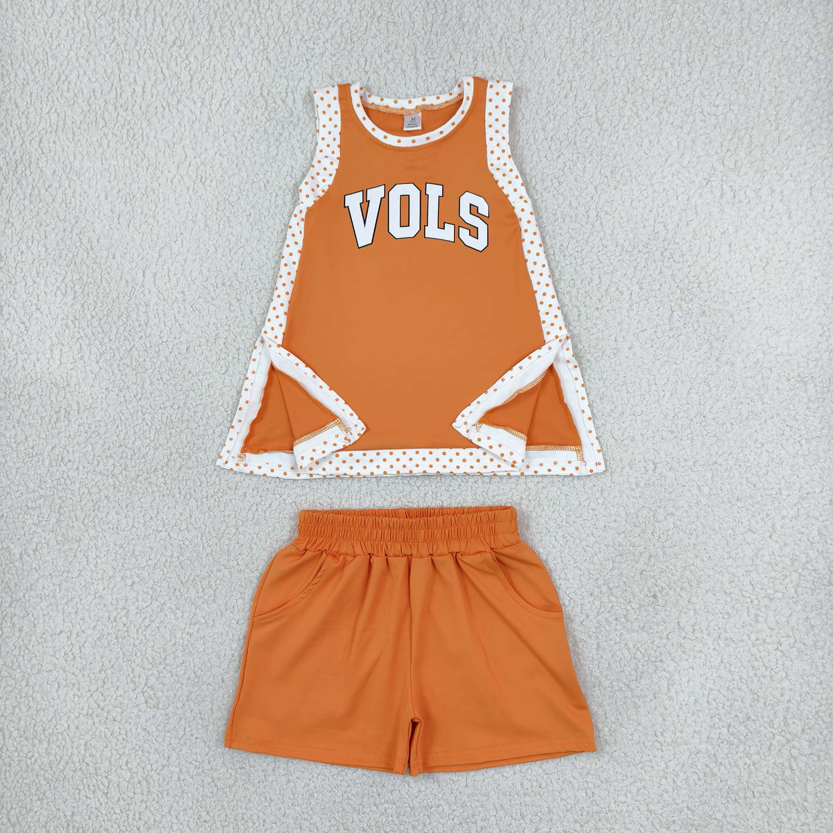 Baby Girls Orange Polka Dots Vinyl Vols Split Tunic Pockets Short Yoga Active Team Clothes Sets