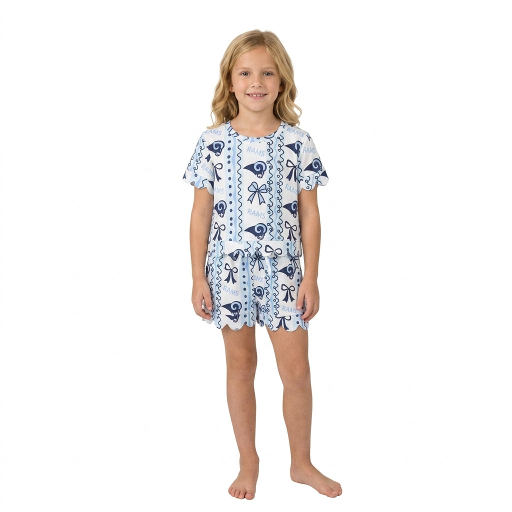 Baby Girls Rams Bows Stripe Top Pockets Short Team Scallop Clothes Sets