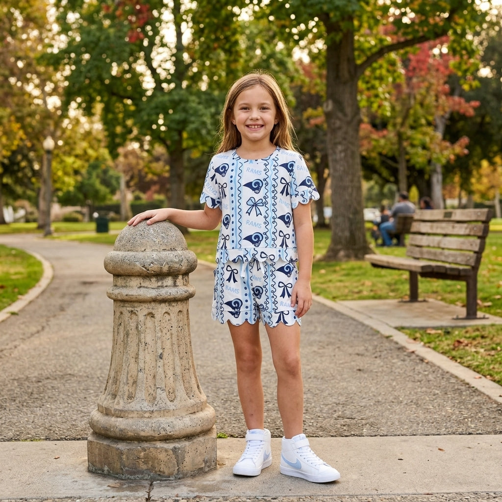Baby Girls Rams Bows Stripe Top Pockets Short Team Scallop Clothes Sets