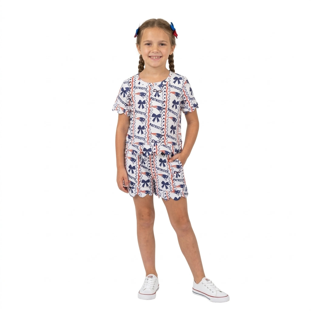 Baby Girls Patriots Bows Stripe Top Pockets Short Team Scallop Clothes Sets