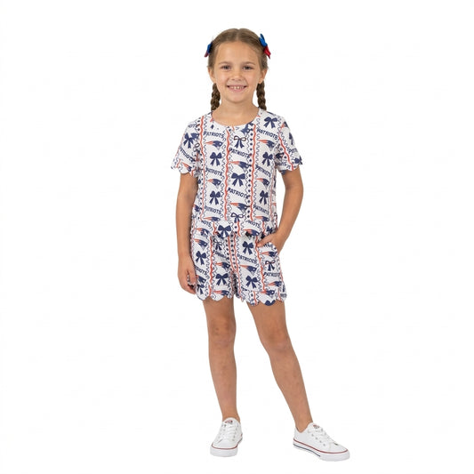Baby Girls Patriots Bows Stripe Top Pockets Short Team Scallop Clothes Sets