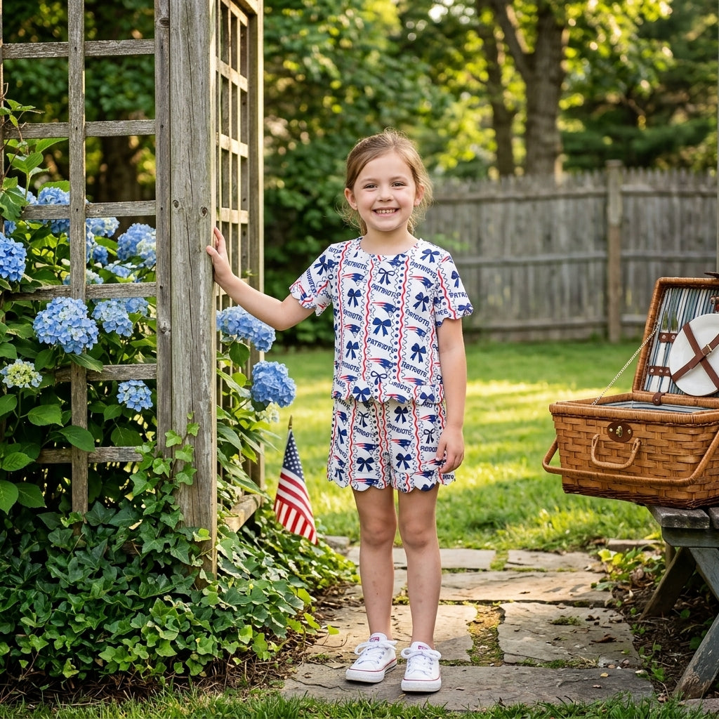 Baby Girls Patriots Bows Stripe Top Pockets Short Team Scallop Clothes Sets
