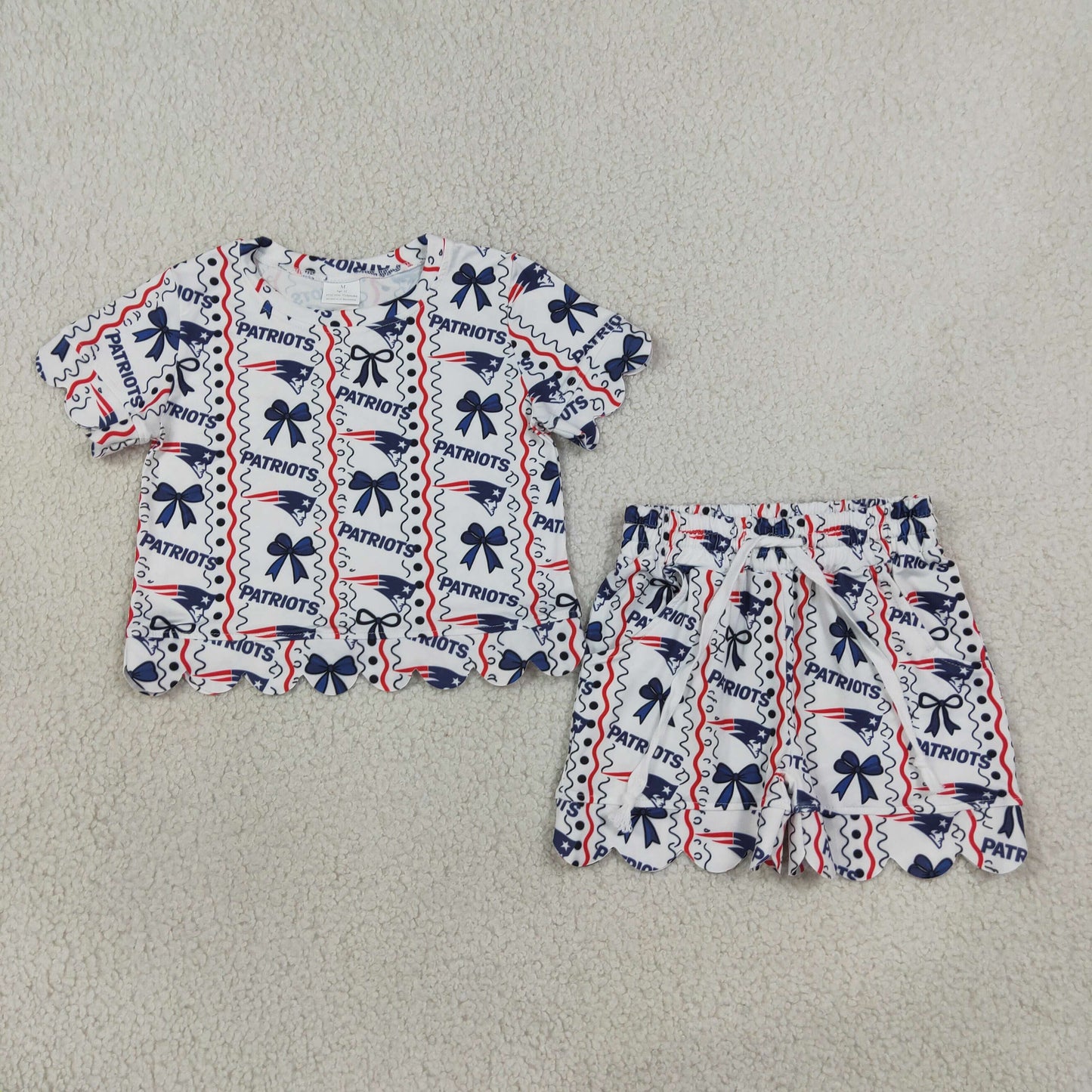 Sibling Baby Girls Patriots Bows Stripe Team Knee Length Dress Scallop Clothes Sets