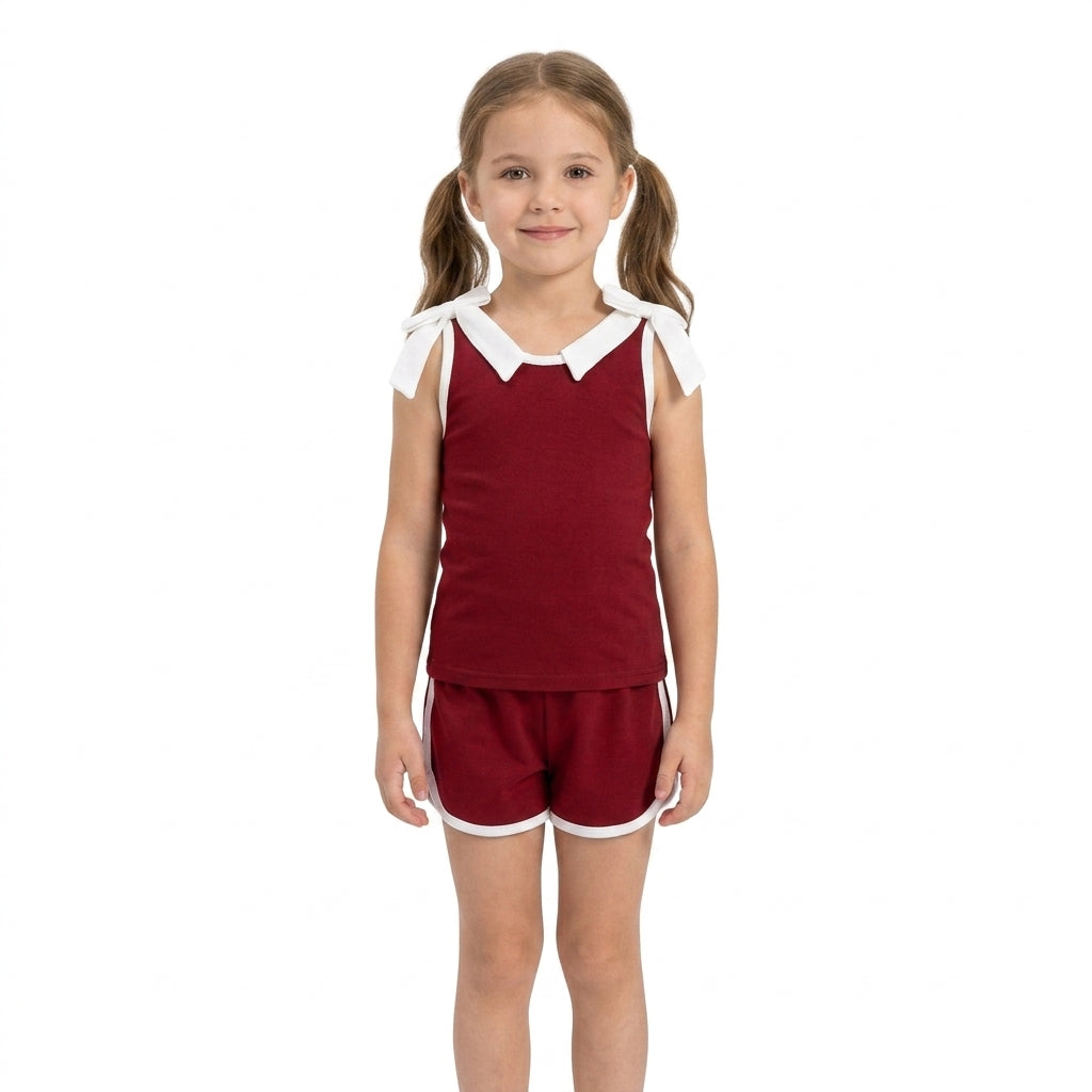 Baby Girls Maroon White Bows Sleeveless Vest Top Short Clothes Sets