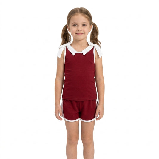 Baby Girls Maroon White Bows Sleeveless Vest Top Short Clothes Sets