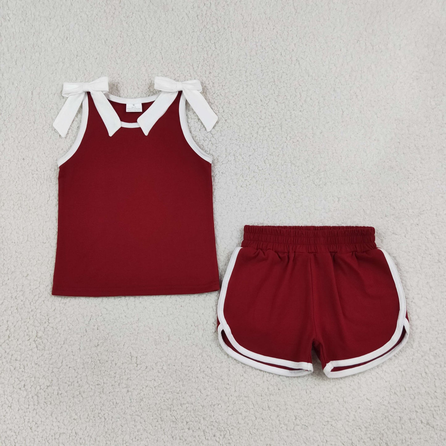 Baby Girls Maroon White Bows Sleeveless Vest Top Short Clothes Sets