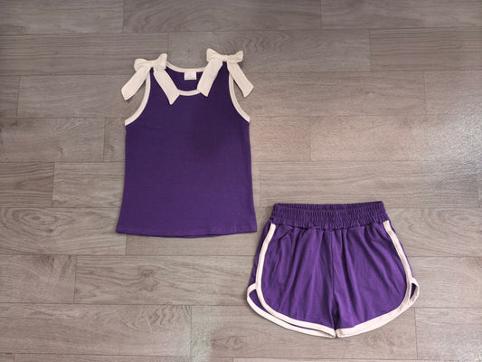 Baby Girls Purple White Bows Sleeveless Vest Top Short Clothes Sets Preorder