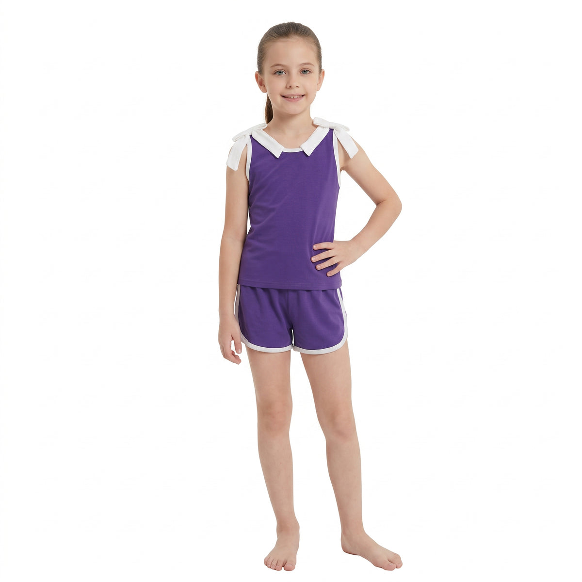 Baby Girls Purple White Bows Sleeveless Vests Pockets Short Clothes Sets