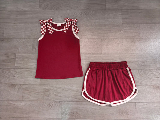 Baby Girls Maroon Checked Bows Sleeveless Vest Short Clothes Sets Preorder