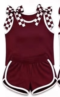 Baby Girls Maroon Checked Bows Sleeveless Vest Short Clothes Sets Preorder