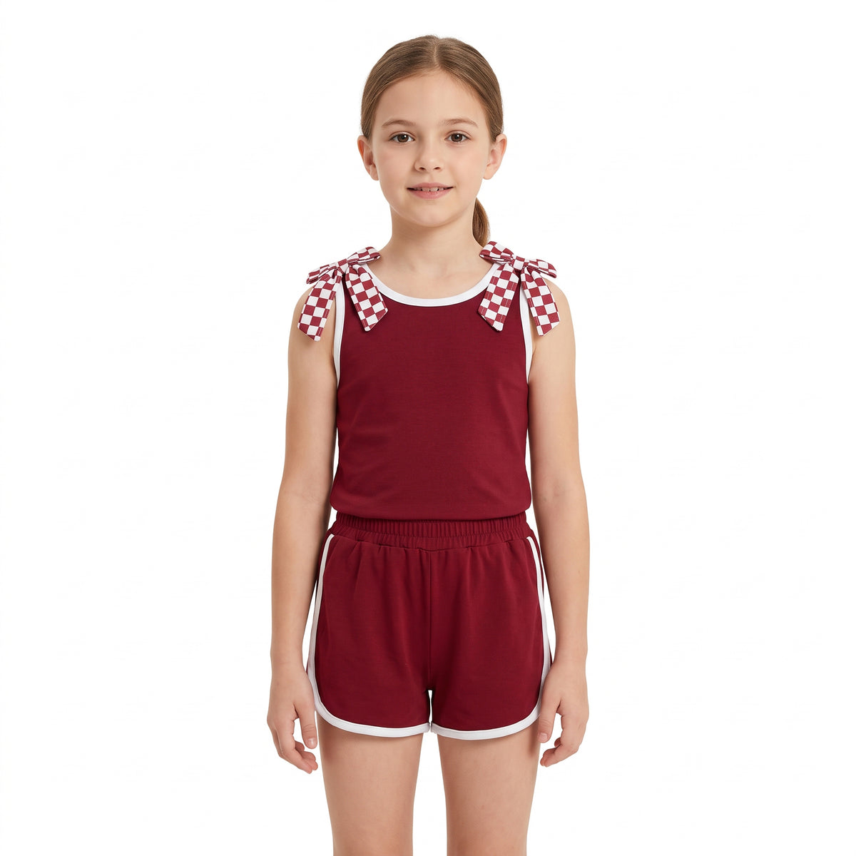 Baby Girls Maroon Checked Bows Sleeveless Vest Pockets Short Clothes Sets