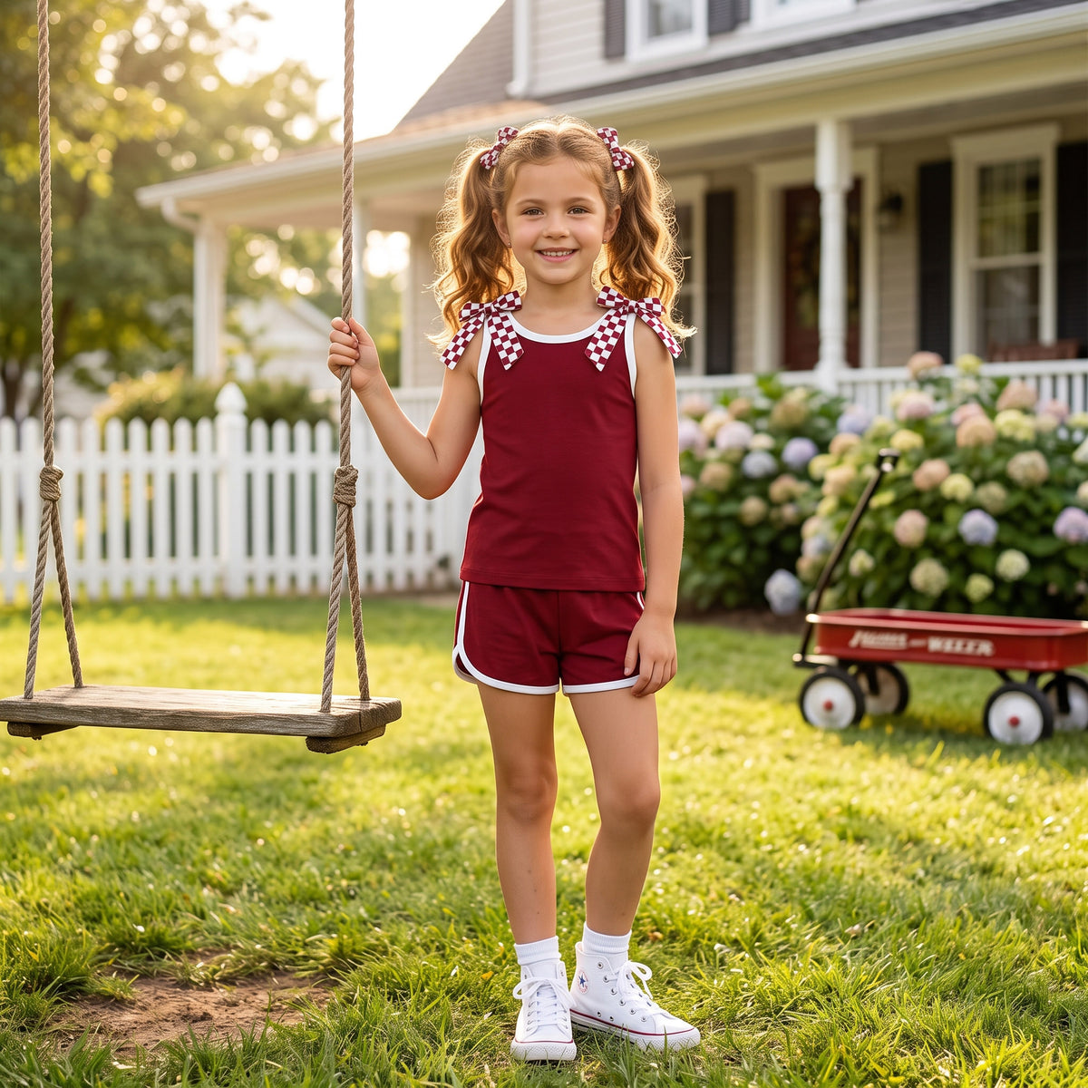 Baby Girls Maroon Checked Bows Sleeveless Vest Pockets Short Clothes Sets