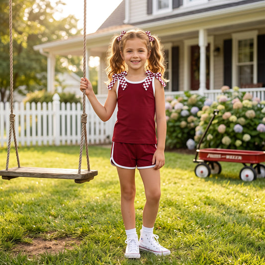 Baby Girls Maroon Checked Bows Sleeveless Vest Pockets Short Clothes Sets