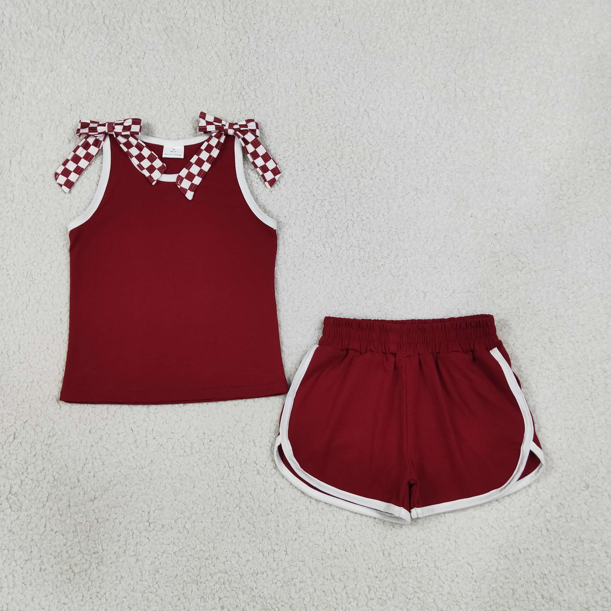 Baby Girls Maroon Checked Bows Sleeveless Vest Pockets Short Clothes Sets