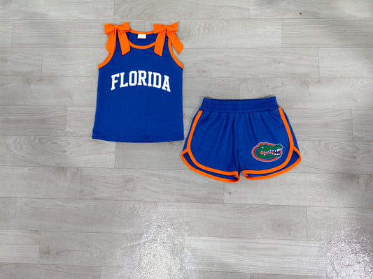 Baby Girls Bows Sleeveless Vinyl Florida Top Pockets Short Team Clothes Set Preorder