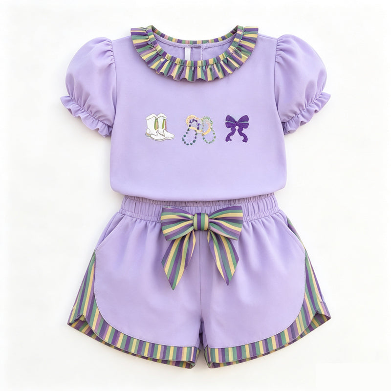 Preorder moq 5 Baby Girls Mardigras Boots Bows Top Pockets Short Clothes Set
