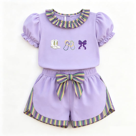 Preorder moq 5 Baby Girls Mardigras Boots Bows Top Pockets Short Clothes Set