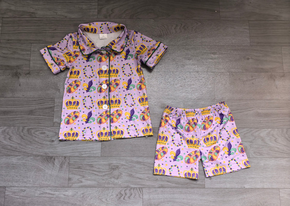 Baby Girls Crowns Donuts Button Pocket Top Short Mardigras Pajamas Set Preorder