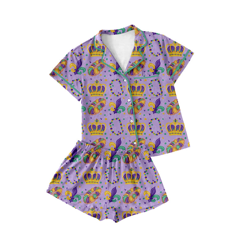 Adult Women Crowns Donuts Button Pockets Top Shorts Pajamas Sets