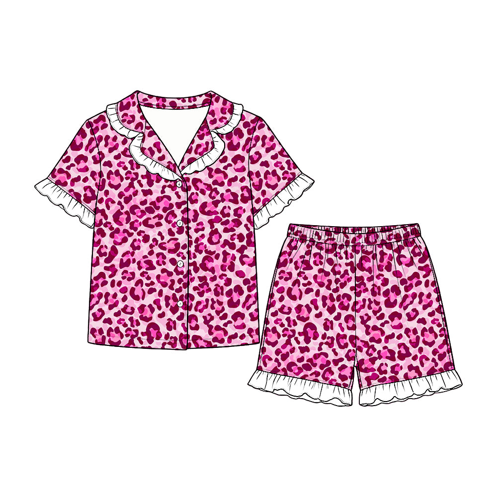 Baby Girls Pink Leopard Button Top Ruffle Short Pajamas Set Preorder