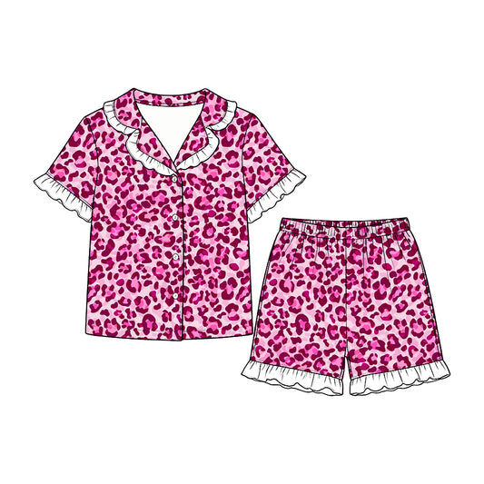 Baby Girls Pink Leopard Button Top Ruffle Short Pajamas Set Preorder