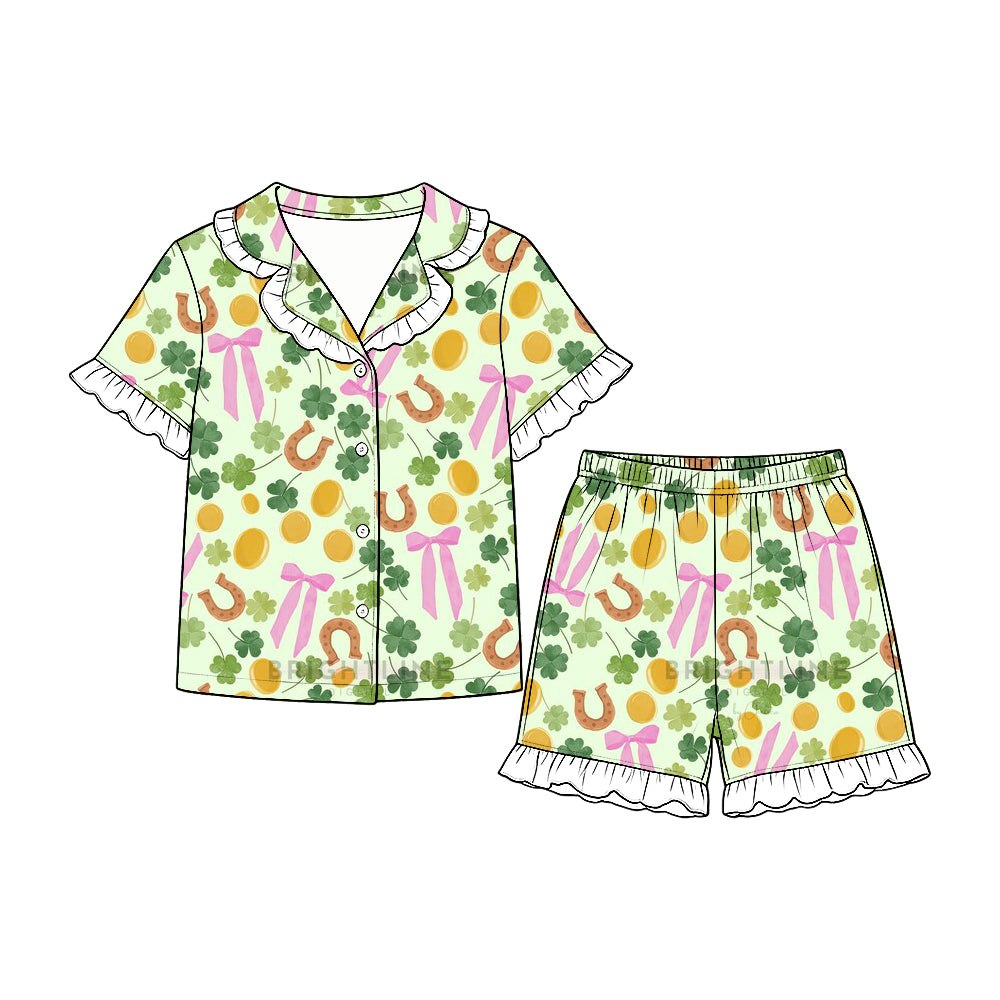 Baby Girls Clovers Bows Button Top Ruffle Short St Patrick Pajamas Set Preorder