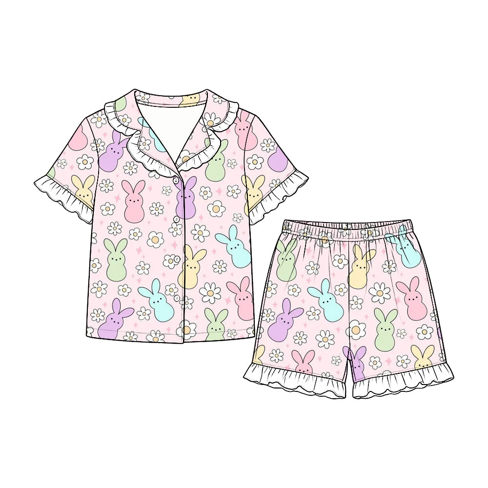 Baby Girls Flowers Rabbits Button Top Ruffle Short Easter Pajamas Set Preorder