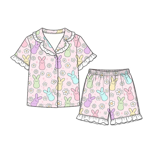 Baby Girls Flowers Rabbits Button Top Ruffle Short Easter Pajamas Set Preorder