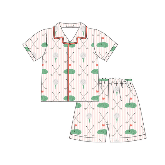 Preorder moq 5 Baby Girls Pink Stripes Golf Buttons Shirt Shorts Pajamas Outfits Sets