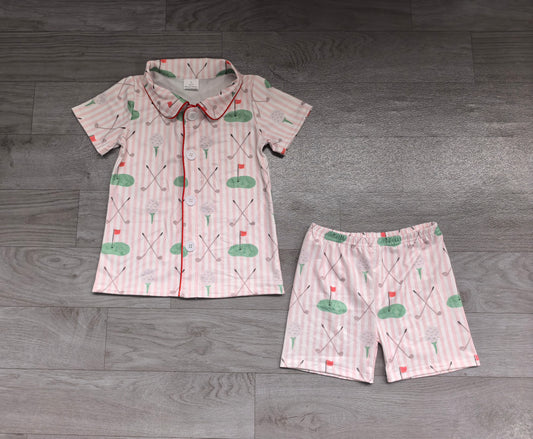 Baby Girls Pink Stripes Golf Buttons Shirt Shorts Pajamas Sets Preorder