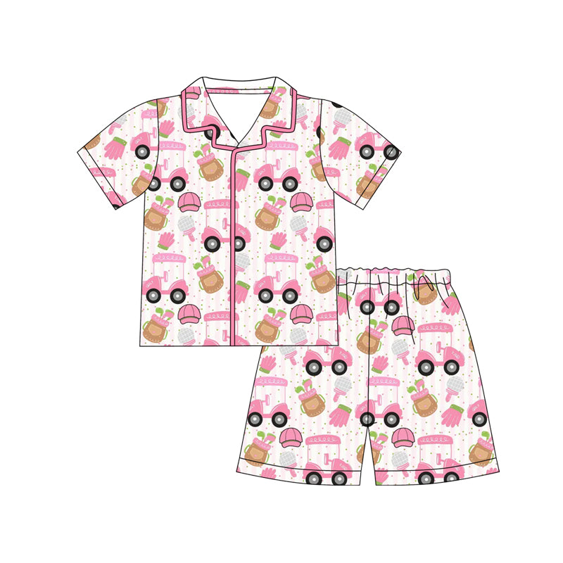 Preorder moq 5 Baby Girls Pink Golf Buttons Shirt Shorts Pajamas Outfits Sets