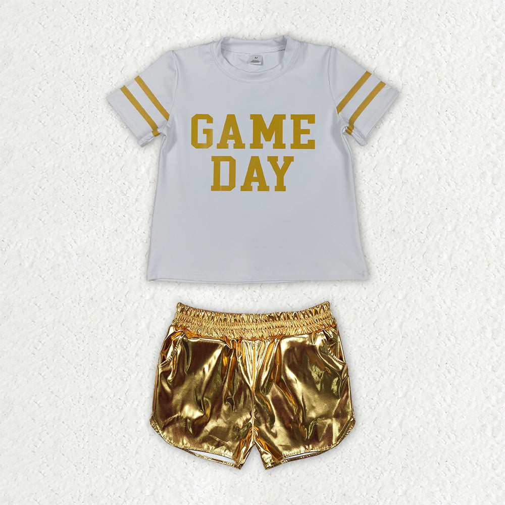 Baby Girls Gold Vinyl Game Day Yoga Active Shirt Top Leather Shorts Team Clothes Set