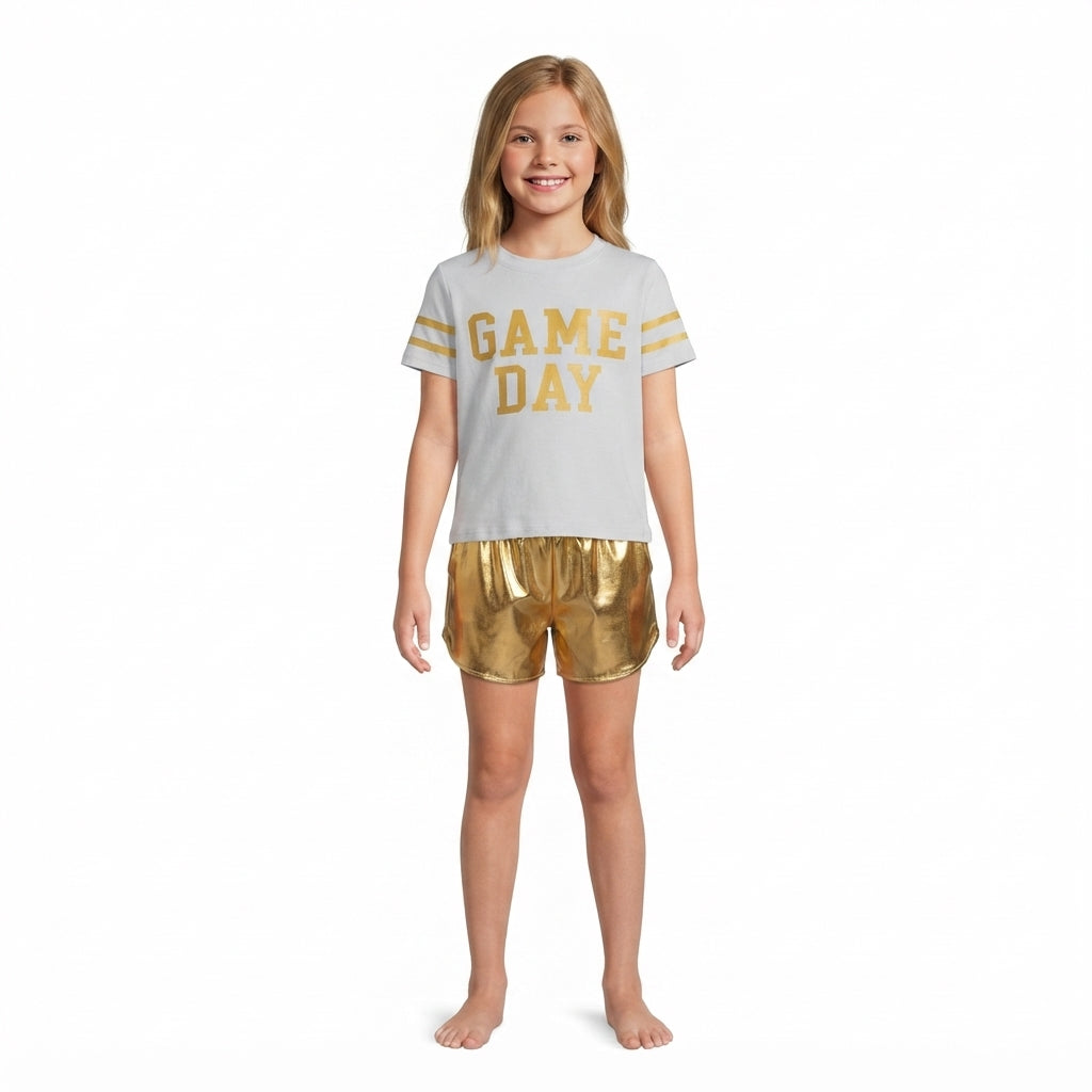 Baby Girls Gold Vinyl Game Day Yoga Active Shirt Top Leather Shorts Team Clothes Set