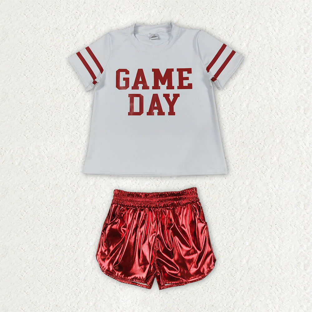 Baby Girls Red Vinyl Game Day Yoga Active Shirt Top Leather Shorts Team Clothes Set