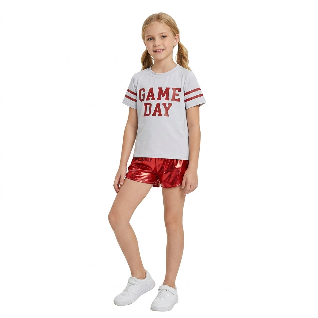 Baby Girls Red Vinyl Game Day Yoga Active Shirt Top Leather Shorts Team Clothes Set