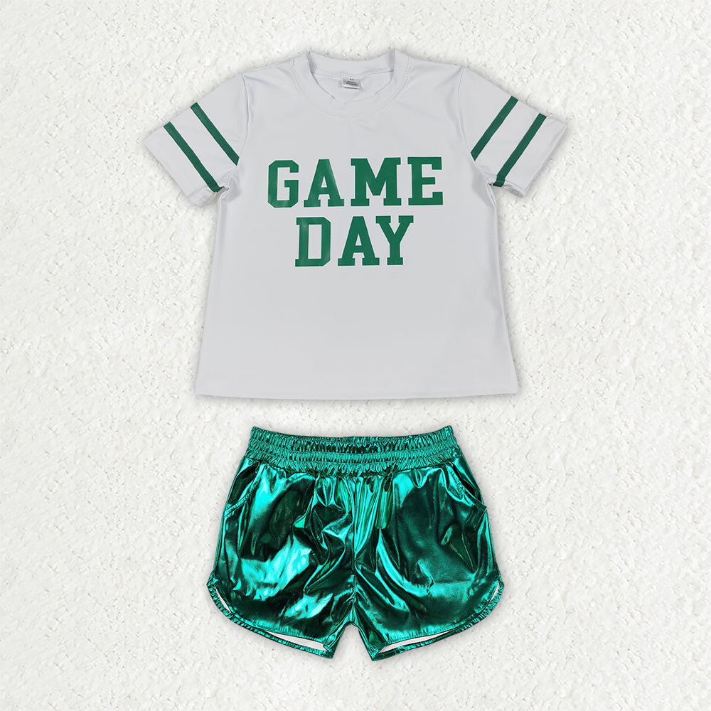 Baby Girls Green Vinyl Game Day Yoga Active Shirt Top Leather Shorts Team Clothes Set