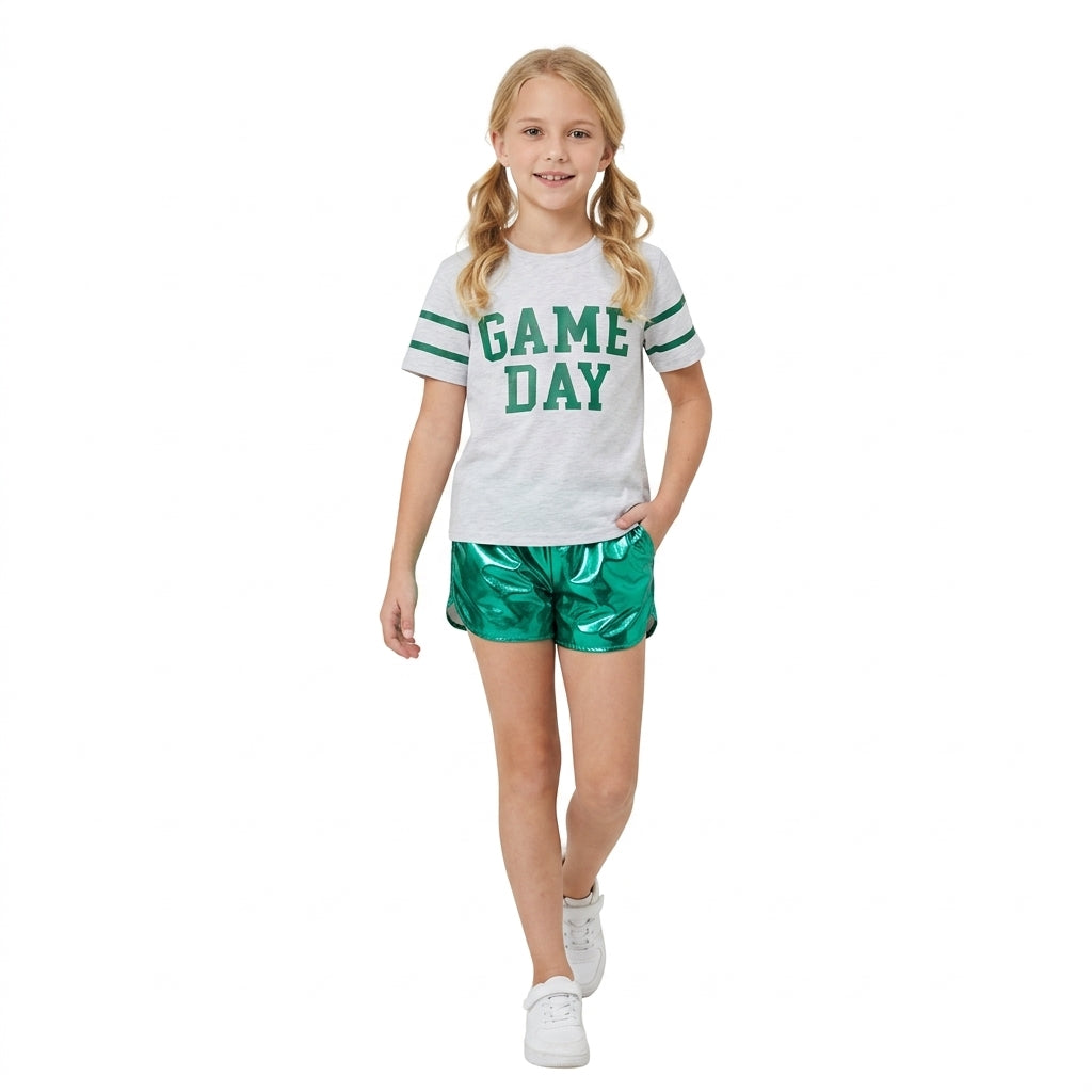 Baby Girls Green Vinyl Game Day Yoga Active Shirt Top Leather Shorts Team Clothes Set
