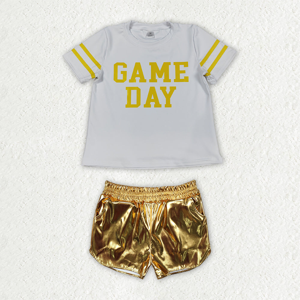 Baby Girls Yellow Vinyl Game Day Yoga Active Shirt Top Leather Shorts Team Clothes Set