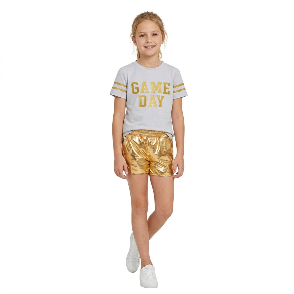 Baby Girls Yellow Vinyl Game Day Yoga Active Shirt Top Leather Shorts Team Clothes Set