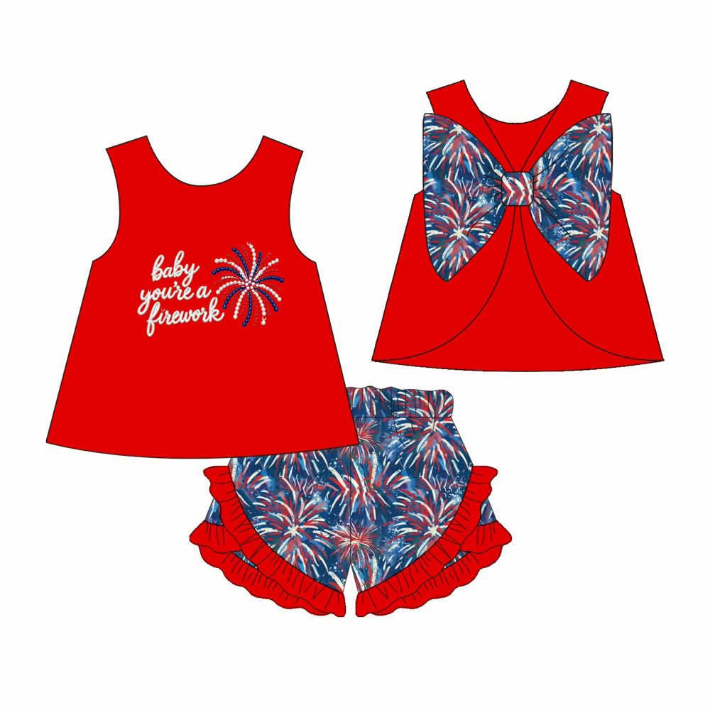 Preorder moq 5 Baby Girls Fireworks Back Bow Tunic Ruffle Short Happy New Year Clothes Set