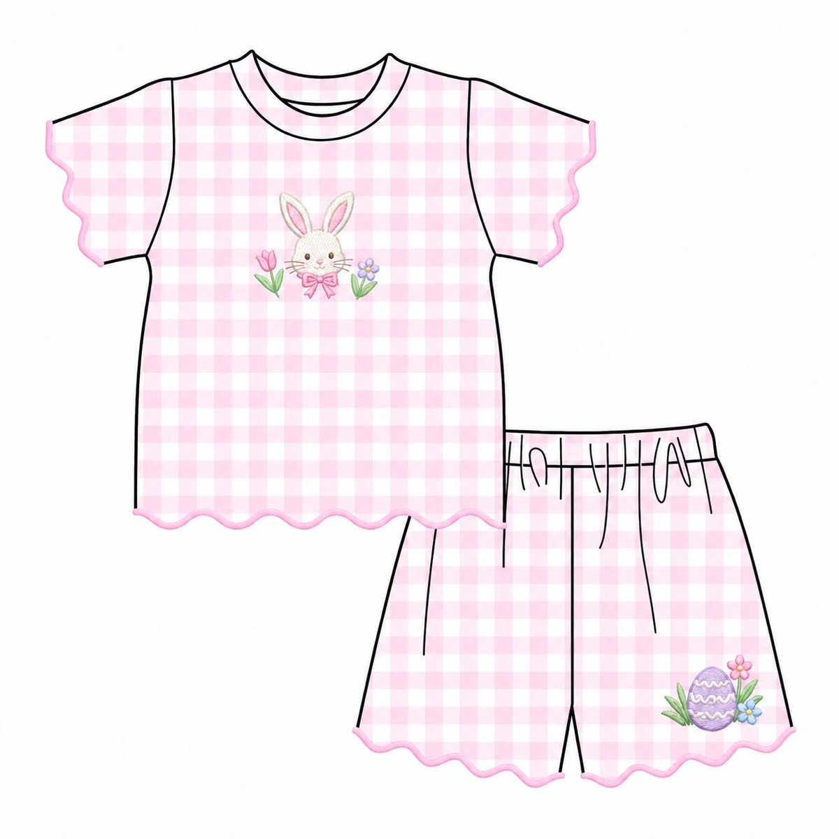 Preorder moq 5 Baby Girls Pink Checked Rabbit Flowers Top Short Scallop Easter Clothes Set