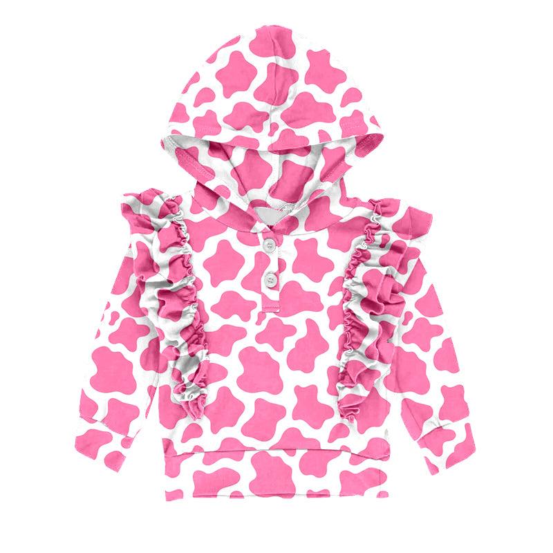 Baby Girls Pink Cow Print Ruffle Hooded Tops Shirts preorder