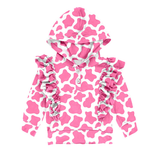 Baby Girls Pink Cow Print Ruffle Hooded Tops Shirts preorder